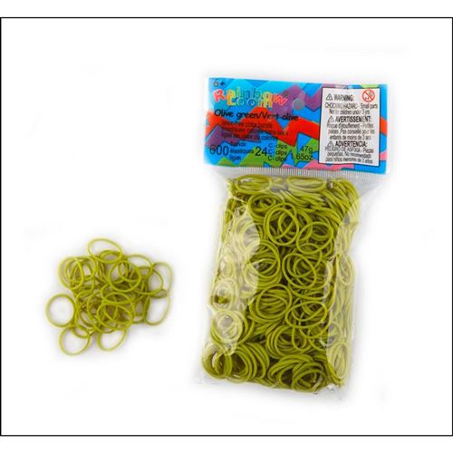 Rainbow Loom RL907 Rainbow Loom 600 élastiques vert olive avec 24 fermoirs