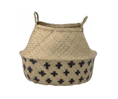 Panier Thaïlandais Tressé en Osier Motifs Croix Noir et Marron