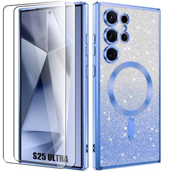 Coque et 2 Verres Trempés pour Samsung Galaxy S25 Ultra, Silicone avec Protection Caméra Anneau Magnétique - Bleu Pailleté - BOOLING - 1