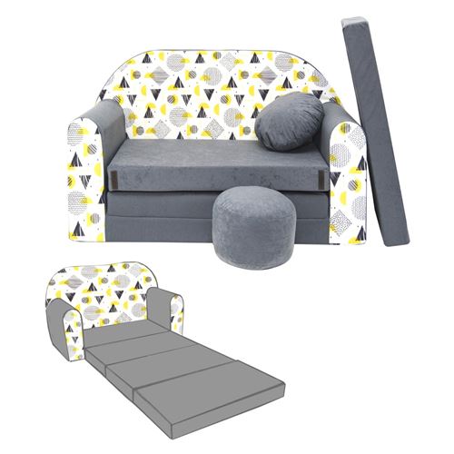 WELOX NINO Canapé convertible lit pour enfant avec pouf et coussin OEKO-TEX Symboles jaune gris