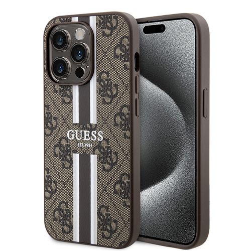 Coque pour iPhone 15 Pro - Guess Hardcase 4G Rayures Imprimées MagSafe (GUHMP15LP4RPSW) - Marron