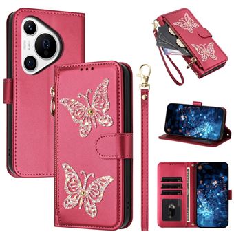 Étui FOXDOCK à rabat pour Huawei Pura 70 Pro, multifonctionnel, avec fermeture magnétique, fermeture éclair, portefeuille en cuir, emplacements pour cartes et dragonne-Rouge - 1