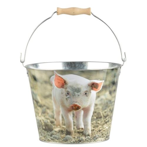 Esschert Design - Seau en zinc et bois motif animaux Cochon