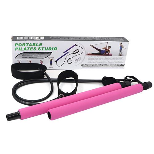 Barre Pilates Avec 2 Élastiques Et Boucles Pieds - Kit Fitness Maison - Rose/Noir - 91 Cm