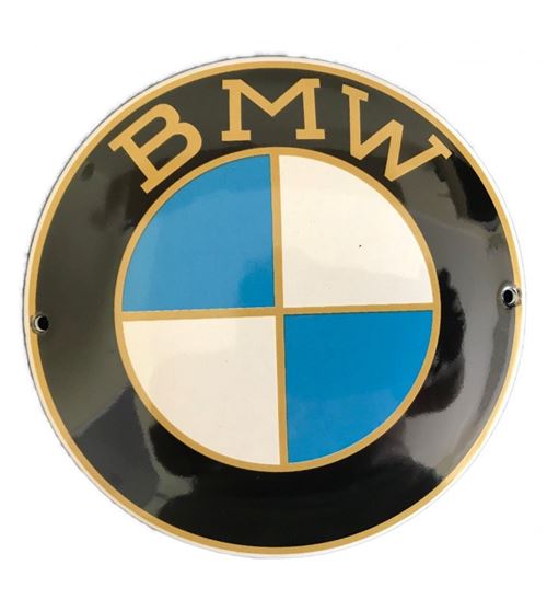 mini plaque emaillée BMW ronde doré ancien logo 15x9cm tole email