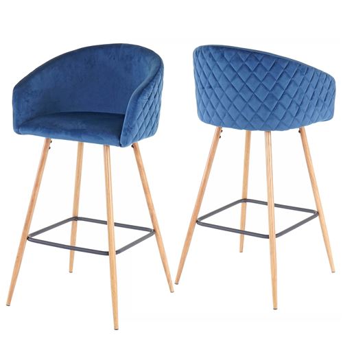 2x tabouret de bar MENDLER HWC-D72 tissu velours pétrole