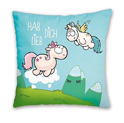 NICI 41248.0 – Licorne Theodor Coussin Imprimé Hab Dich lieb coton, 37 x 37 cm