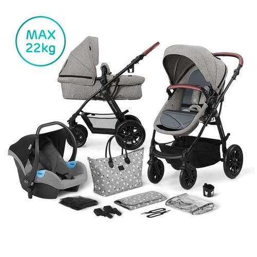 Kinderkraft Poussette Combinée Trio Xmoov, Jusqu'à 22 Kg, Couffin, Nacelle Et Siège-auto, Gris