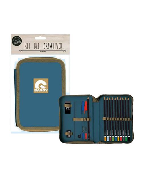 Baggy plumier étui bleu et Camel avec matériel scolaire