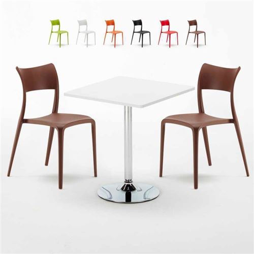 Table Carrée Blanche 70x70cm Avec 2 Chaises Colorées Set Intérieur Bar Café Parisienne Cocktail, Couleur: Marron