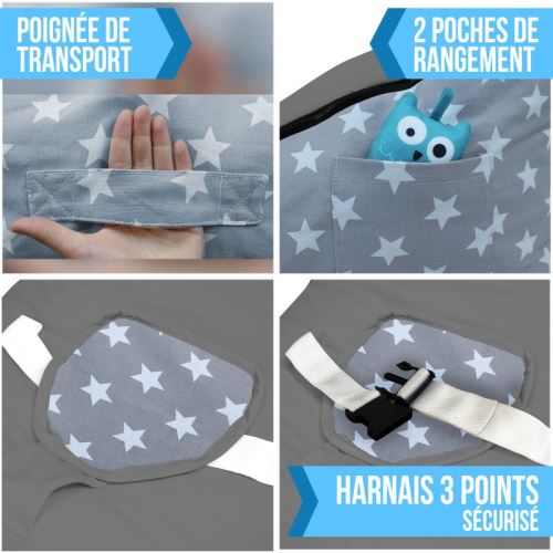 Transat Pouf Bebe Avec 2 Poches De Rangement Poignee De Transport Et 2 Assises Stars Gris Transats Pour Bebe Achat Prix Fnac