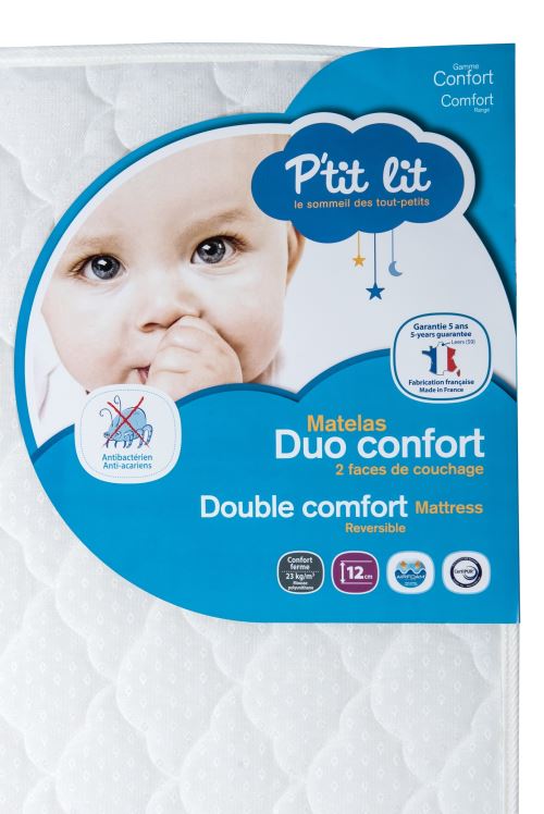 P'TIT LIT Matelas bébé Duo Confort - Anti-acariens - Fabrication française - 60x120x12 cm