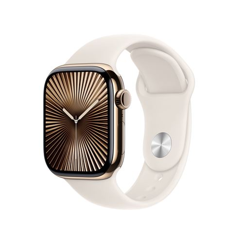 Apple Watch Series 10 (GPS + Cellular) - 42 mm - titane doré - montre intelligente avec bande sport - fluoroélastomère - droit - taille du bracelet : M/L - 64 Go - LTE, Wi-Fi 4, UWB, Bluetooth - 4G - 34.4 g État correct - N/A reconditionné disponible sur Fnac