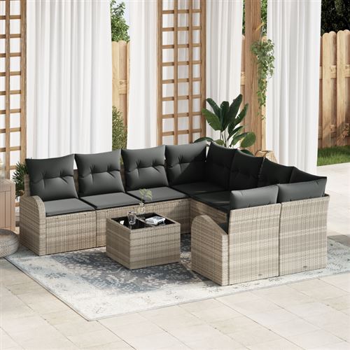 Non Communiqué Gris/Clair Ensemble De Canapés De Jardin 9 Pièces Avec Coussins Poly Rotin, Canapé De Jardin 2 Places Avec Rangement & Coussins
