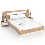Lit 2 places 140x190 en bois chevet matelas sommier tete de lit tiroir / beige
