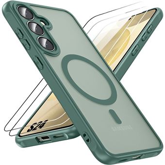 Coque + 2 Verres Trempés pour Samsung Galaxy S24, Protection avec Cercle Magnétique et Film Caméra - Vert Nuit - BOOLING - 1