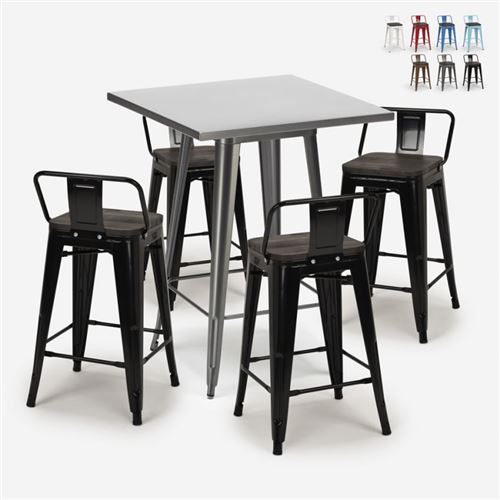 Ensemble Table Haute 60x60cm 4 Tabourets Tolix Métal Bois Bar Cuisine Buch, Couleur: Noir