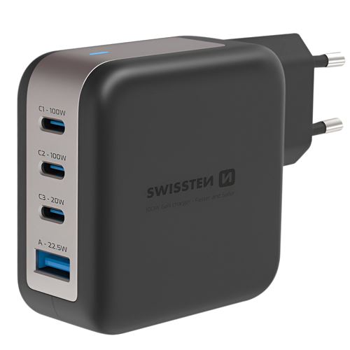 Non Communiqué Noir Chargeur Secteur Gan 100W Avec 3X Usb-C + Usb Charge Rapide Compact Swissten