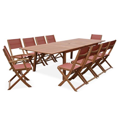 Sweeek Salon de jardin en bois extensible - Almeria table 200/250/300cm avec 2 rallonges 2 fauteuils et 8 chaises en bois d'Eucalyptus huilé et textil