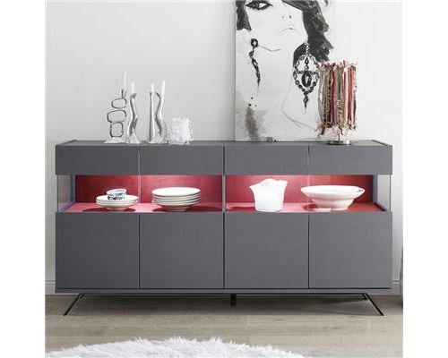Enfilade lumineuse 4 portes design gris et rouge CASTELLI 5 - L 184 x P 50 x H 101 cm