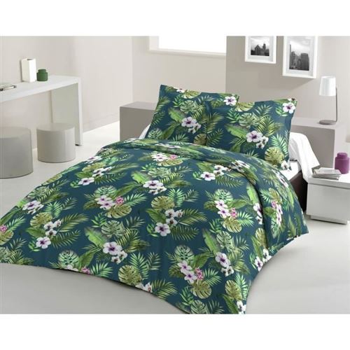 LOVELY HOME Parure de couette Coton TROPICAL - Bleu Nuit - 240x260 cm