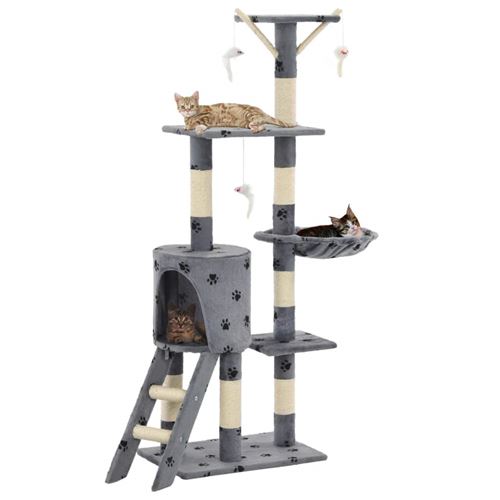 Comparer les prix de Arbre à chat griffoir grattoir niche jouet animaux peluché en sisal 138 cm gris motif de pattes