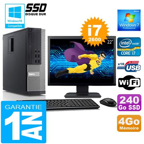 Pc dell 990 sff core i7-2600 ram 4go disque 240 go ssd wifi w7 ecran 22'