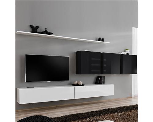 Meuble télé suspendu blanc et noir ANSELMO-L 340 x P 40 x H 150 cm- Noir