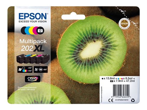 Epson Multipack 202XL - Pack de 5 - haute capacité - noir, jaune, cyan, magenta, photo noire - original - blister - cartouche d'encre - pour Expression Premium XP-6000, XP-6005, XP-6100, XP-6105