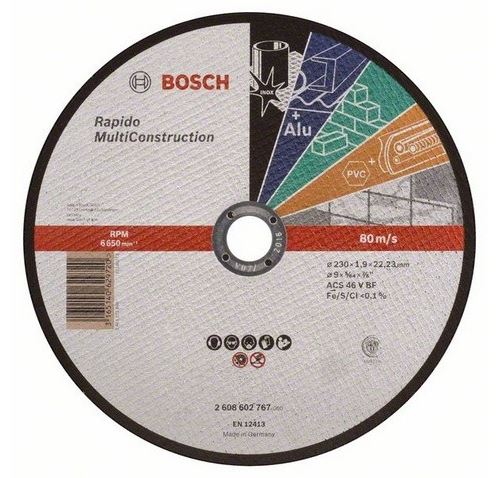 Disque Universel à Tronçonner Bosch à Moyeu Plat Rapido Multi Construction 230X1.9 Mm - 2608602767
