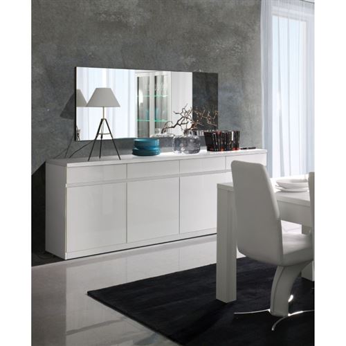 Buffet, bahut, enfilade 4 portes et 4 tiroirs + miroirs FABIO. Blanc brillant. Meuble design pour votre salon salle à manger