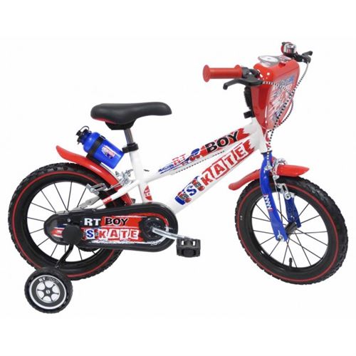 Vélo 16 pouces RT Boy Skate garçon avec gourde, écusson déco et roulettes amovibles