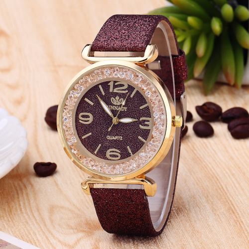 OHP Montre femme - Montre en cuir rhinestone en quartz pour femmes - brun