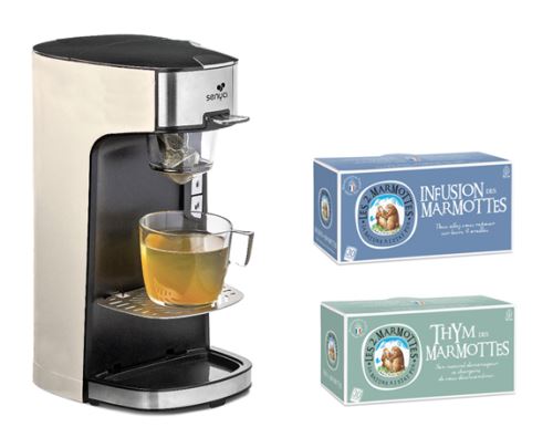 Senya machine à thé Tea Time, théière électrique Crème et Lot de 2 boîtes d’infusion Les 2 Marmottes (Thym + Infusion des Marmottes)