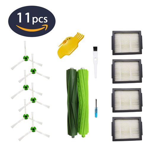 Kit de 11 Accessoires pour Aspirateur iRobot Roomba i7 i7Plus E5 E6 E7 (4 filtres, 6 brosses latérales, 1 jeu de brosses en caoutchouc) Hobby Tech