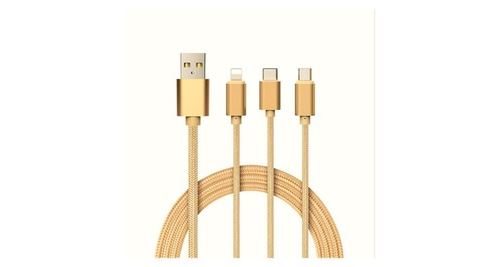 Cable 3 En 1 Pour Asus Zenfone Selfie Android, Apple & Type C Adaptateur Micro Usb Lightning 1,5m Metal Nylon (or)