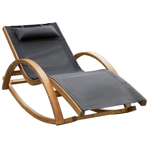 Chaise longue fauteuil berçant à bascule transat bain de soleil rocking chair en bois charge 120 Kg gris