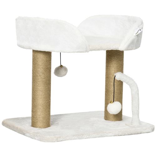 PawHut Design Kratzbaum mit Spielzeug 2 hängende Bommel 2 Sisalstämmen + Plattform aus Plüsch - 48 x 38 x 42 cm - Sisal Beige   Aosom