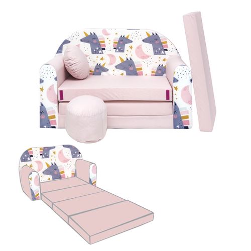 WELOX NINO Canapé convertible lit pour enfant avec pouf et coussin OEKO-TEX Licornes rose
