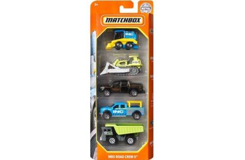 Set 5 véhicules matchbox : mbx road crew ii - coffret voitures miniatures camion bulldozer balayeuse + carte offerte - enfant
