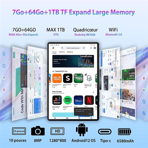 OUKITEL RT3 Tablette Tactile 8 Pouces, 7GO+64GO/SD 1TO Android 12