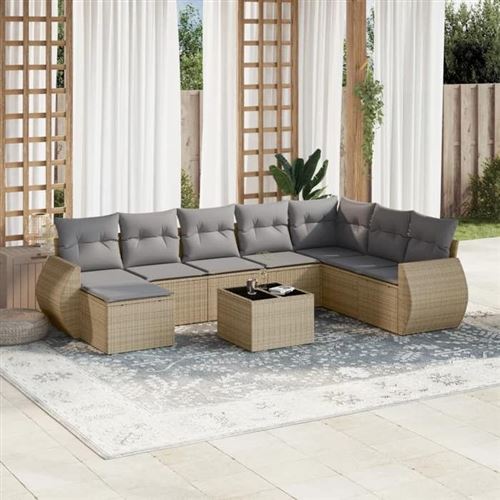 vidaXL Salon de Jardin avec Coussins 9 pcs, Canapés de Terrasse, Ensemble de Meubles de Patio, Mobilier d'Extérieur, Beige 3221768
