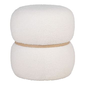 Pouf Rond en Tissu Bouclé Blanc Ceinturé en MDF - SNOVIK - ALTOBUY - 1