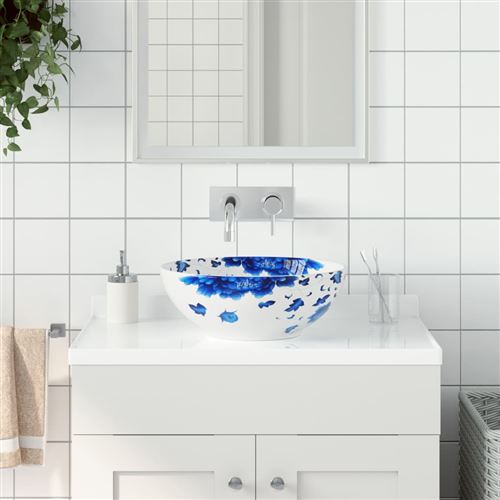 vidaXL Opzetwasbak rond Î¦41x14 cm keramiek wit en blauw155048