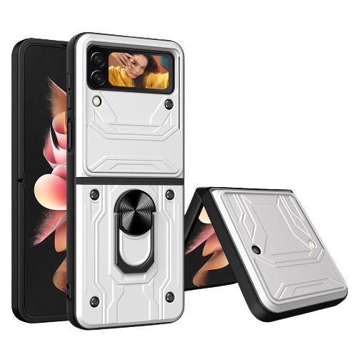 Coque Compatible Samsung Galaxy Z Flip 4 FONGWAN avec Support Anneau et Protecteur d'objectif Pousser-tirer - Blanc