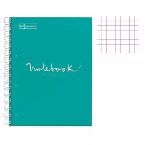 Cahier - A4 (21x29,7cm) - Petits carreaux - 80 pages - couverture rigide turquoise - spirale - Notebook Miquelrius