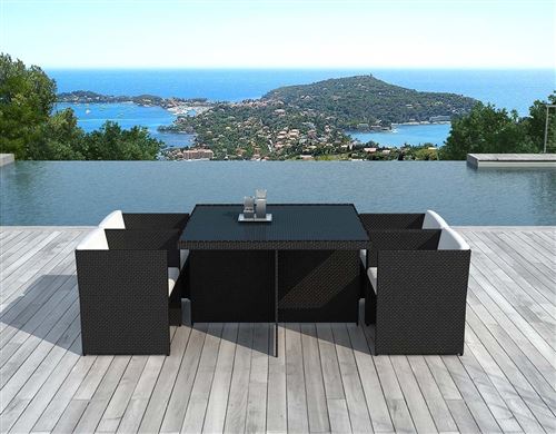 Delorm - Ensemble repas en résine tressée et plateau verre 4 personnes Noir