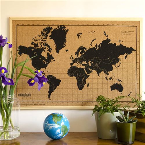 milimetrado Carte du monde liège et cadre bois Noir et marron 70x50 cm -  Achat & prix