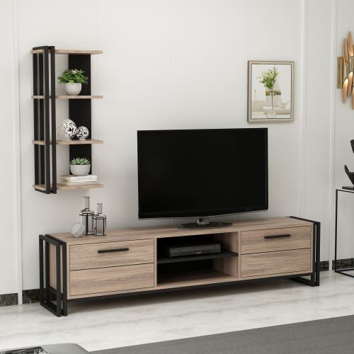 homemania meuble tv lesa moderne avec bibliotheque avec portes etageres pour salon noir en bois metal 192 x 35 x 45 cm