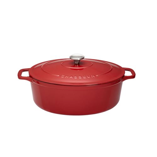 Chasseur Cocotte ovale 31 cm rouge uni interieur sable - Rouge - Fonte émaillée - vue 1